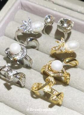 欧美潮流锆石圆形开口珍珠戒指时