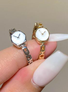 反向的钟~ 简约设计手表条戒指女开口可调节细滴釉食指戒指环链条