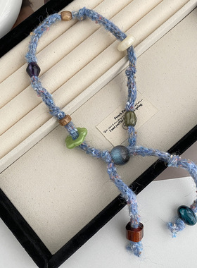 秋冬小众针织毛线串珠抽拉项链女