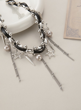 甜酷流苏铆钉串珠拼接项圈女星星