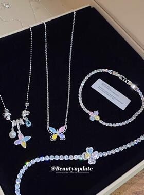 森系清新甜美锆石花朵蝴蝶项链手链套装时尚小众设计感配饰品百搭