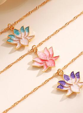 欧美滴胶彩色莲花项链女国潮两世欢粉莲莲蓬百搭轻奢锁骨链