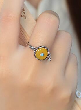 可转动祈福轮戒指女复古做旧莲花