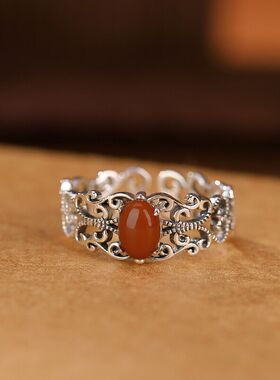 复古亮面如意镂空蛋面戒指