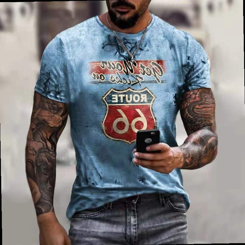 Streetwear Route 66 Print Tee Shirt Men T-shirts Tops男士T恤 - 图1