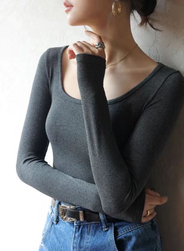 扬盈百搭显瘦大U领纯色修身弹力打底衫