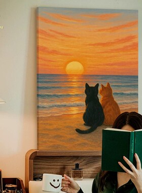海上日出猫咪装饰画仿油画成品风景唯美治愈系温馨卧室客厅摆挂画