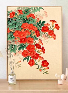 凌霄花成品装饰画仿油画风景花卉唯美新中式氛围感卧室客厅摆挂画