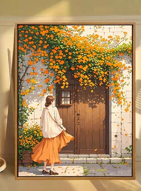秋天花园少女装饰画仿油画风景唯美温馨艺术氛围感卧室客厅摆挂画