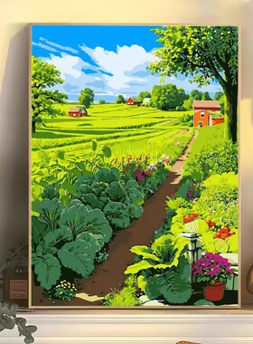 绿色田园装饰画成品仿油画卡通风景唯美治愈小清新卧室客厅摆挂画