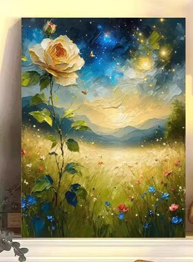 一枝独秀玫瑰花卉装饰画成品仿油画风景唯美高级感卧室客厅摆挂画