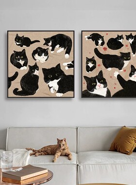 黑白奶牛猫咪方形装饰画卡通可爱温馨治愈简约卧室餐厅客厅摆挂画