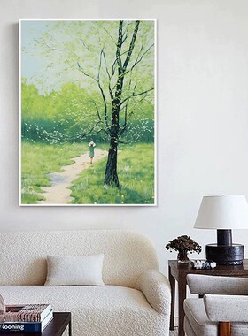 绿色树木小清新装饰画仿油画成品风景复古人物背影卧室客厅摆挂画