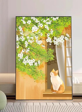 北欧ins风客厅装饰画简约花卉小猫仿油画风景唯美卧室客厅摆挂画