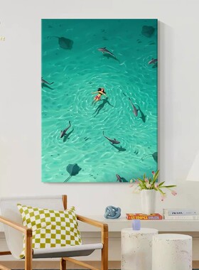 夏日海洋人物装饰画仿油画风景成品唯美简约小清新卧室客厅摆挂画