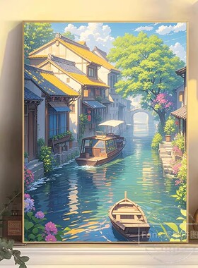 江南水乡新中式卡通装饰画成品仿油画风景国风唯美卧室客厅摆挂画