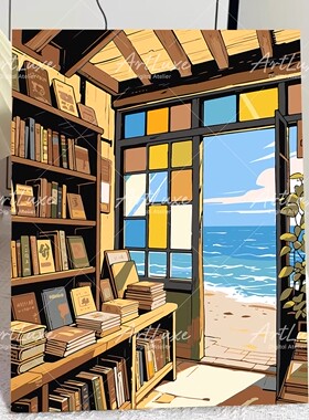 海边书店卡通建筑装饰画仿油画风景成品唯美小清新卧室客厅摆挂画