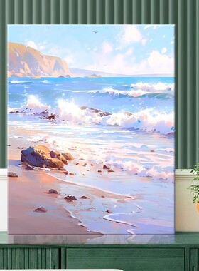 夏日海滩装饰画成品仿油画风景唯美治愈高级感清新卧室客厅摆挂画