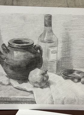 成品现成纯手绘素描代画静物现货素描画8开4开陶罐水果素描画成品