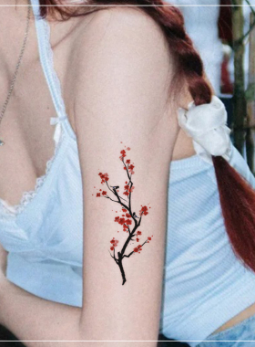 新中式梅花彩色纹身贴纸女男tattoo防水持久遮疤腿部锁骨手臂高级