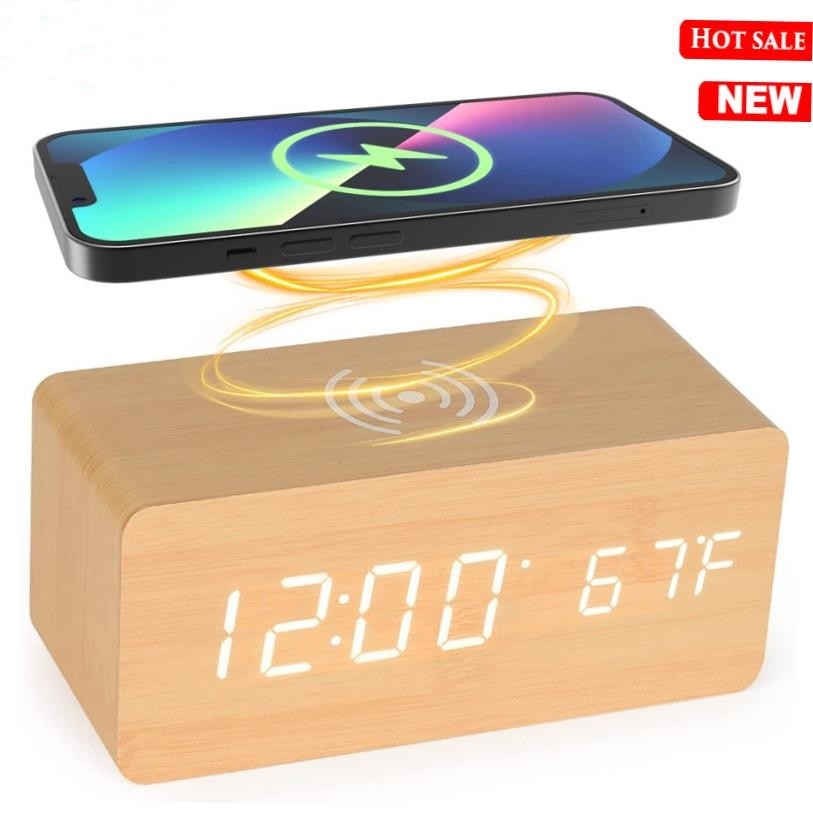 Wireles charging Digital alarm clock Wooden cLEs alarm cDlO7 - 图2