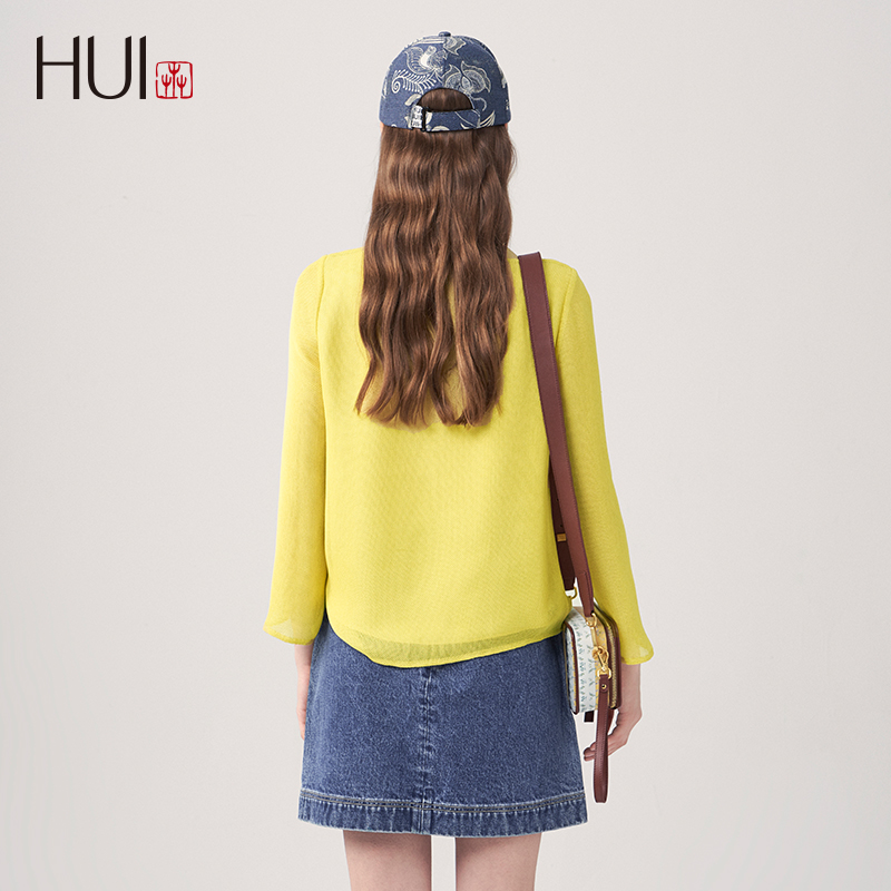 HUI卉经典醋酸网格缃叶色肌理套头中长款宽松圆领基础款卫衣立体 - 图3