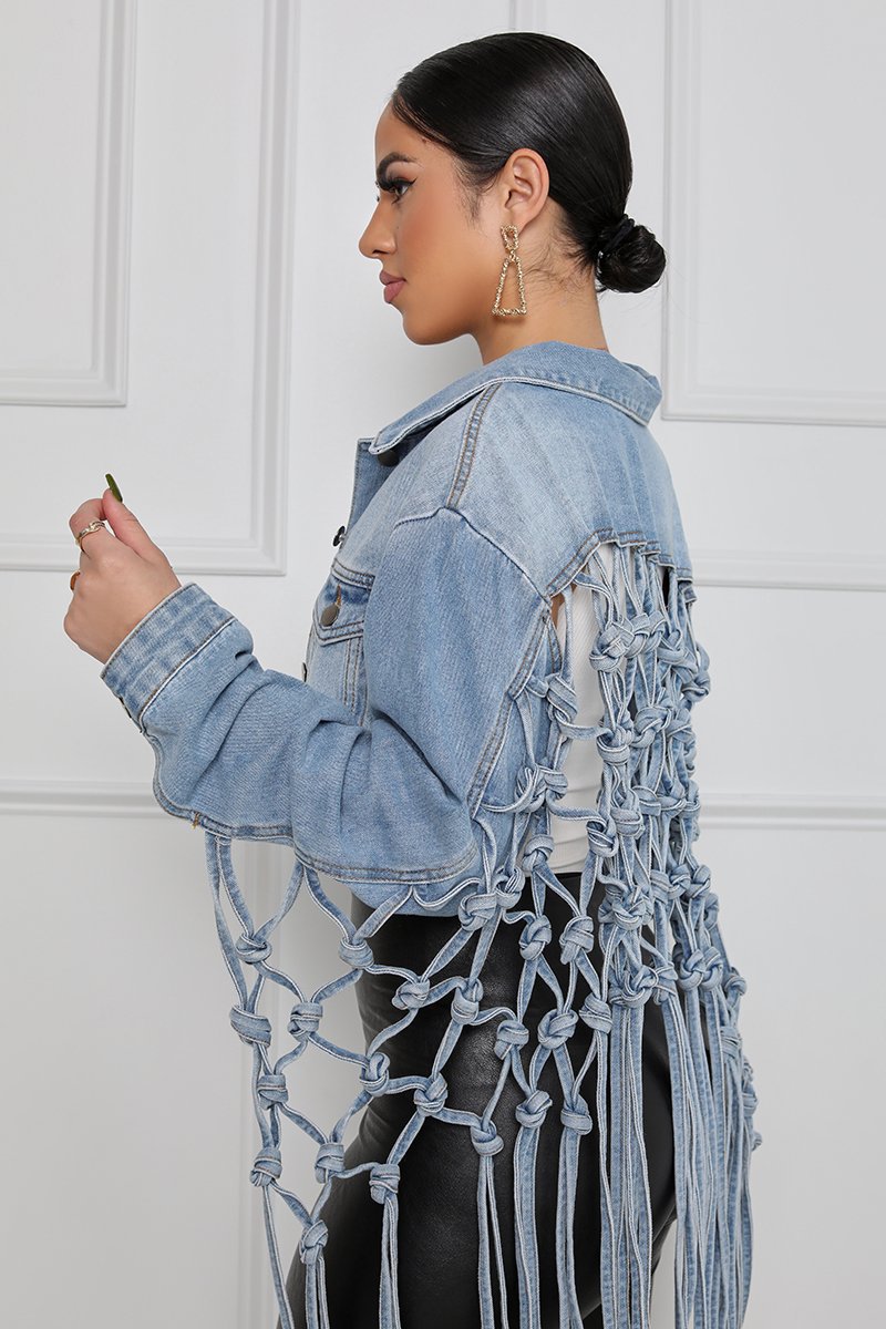 亚马逊wish独立站新后背网格流苏牛仔外套女Fringed denim jacket-图1