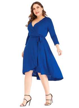 45XL大码V领荷叶边蓝色胖MM女士连衣裙lus-size women's desses