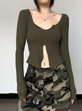 Long Sleeve Ribbed Cut Out Slim Women Knitted Shirt Casual