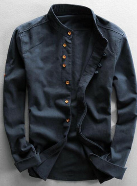 Men's Cotton Linen Shirts Long Sleeve Men Casual Slim Mandar