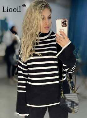 Black And White Stripe Sweater Setwear Loose Tops Women Pull