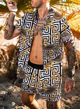 New Men's Hawaiian Print Lapel Short Sleeve Shirt Set Summer