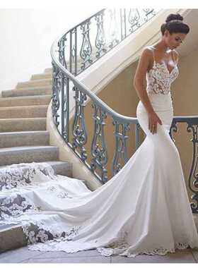 Elegant Lace Appliques Mermaid Wedding Dresses V Neck Spaghe