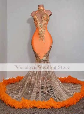 Sparkly Black Mermaid Evening Dress High Neck Feather Beads
