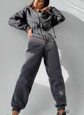 Casual Women Basic Hoodie Two Piece Sets Zipper Drawstring J