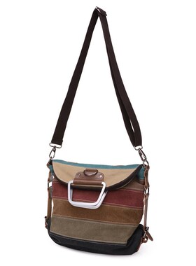 Panelled Sripe Canvas Backpack Women Vintage Female Backpac