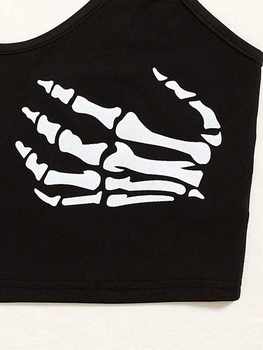 ສີດຳ Goth Skeleton Print Spaghetti Strap Crop Top Women Y2K