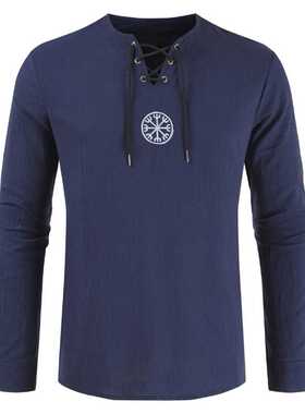 Men Plus Size Shirt Top Ancient Viking Embroidery Lace Up V