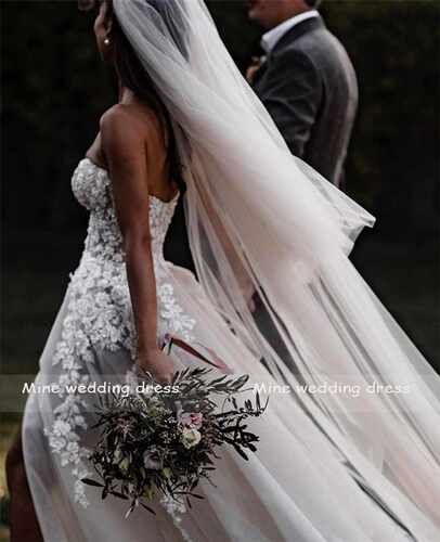 Sheer Lace D Flowers Applique Wedding Dresses Strapless Spl - 图0