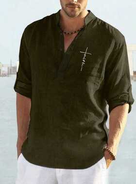 2022 New Men's Casual Blouse Cotton Linen Shirt Loose ops Lo