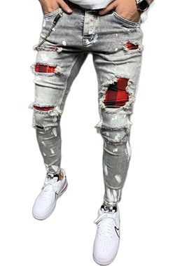 New Men's Skinny Jeans Quilted Embroidered jeans Ripped Grid
