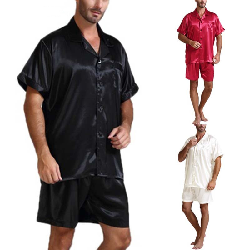 Men Fahion Summer 2Pcs Pajamas Suits Sets Satin Silk Short S - 图0