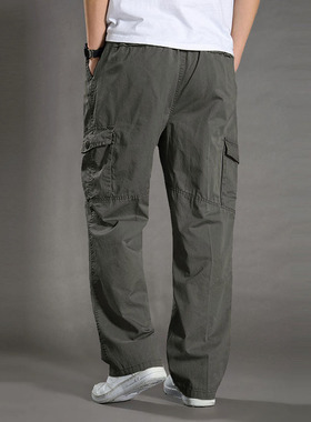 Men's Casual Trousers Cotton Overalls Elastic Waist Full Len