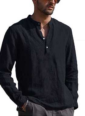 Men’ s Shirt Cotton linen Solid Color Stand Collar Lon