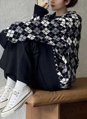 Deeptown Korean Style Argyle Plaid Knitted Cardigan Sweater