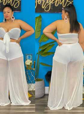 欧美大码女装V领露背拼接雪纺连体阔腿裤Large size jumpsuits