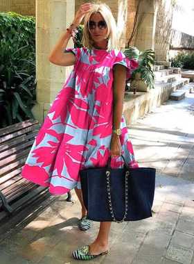 Retro Oversized Patchwork Dress Women's Elegant O-Neck Ruffl