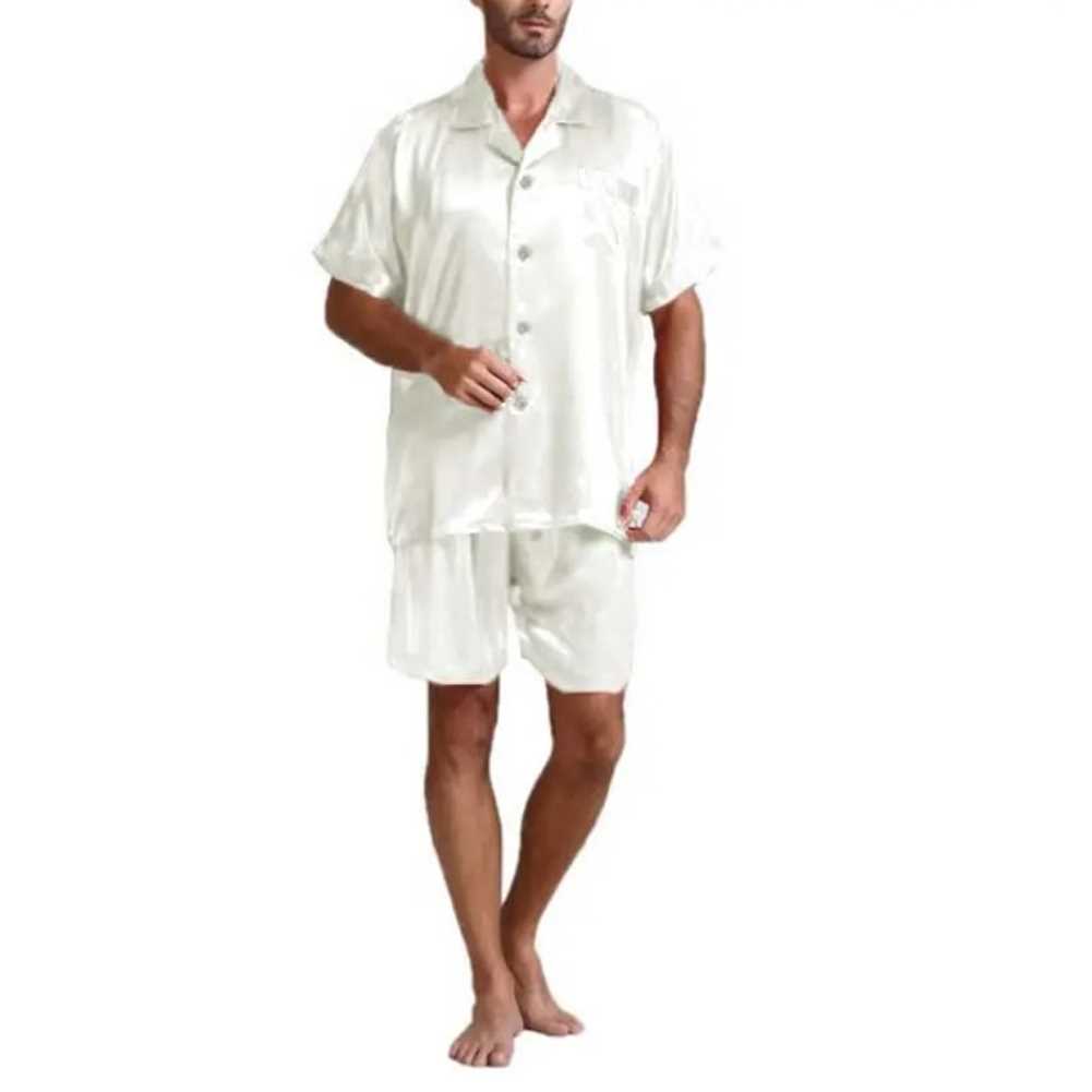 Men Fahion Summer 2Pcs Pajamas Suits Sets Satin Silk Short S - 图2