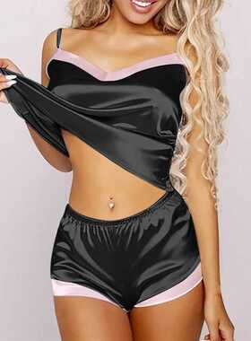 Women's Pajamas V-neck Top Shorts Home Suit Sleepwear Spaghe