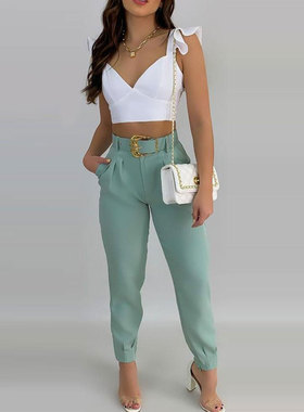 Sleeveless Backless Bandage Pleated Sleeve Top and Pocket Pa